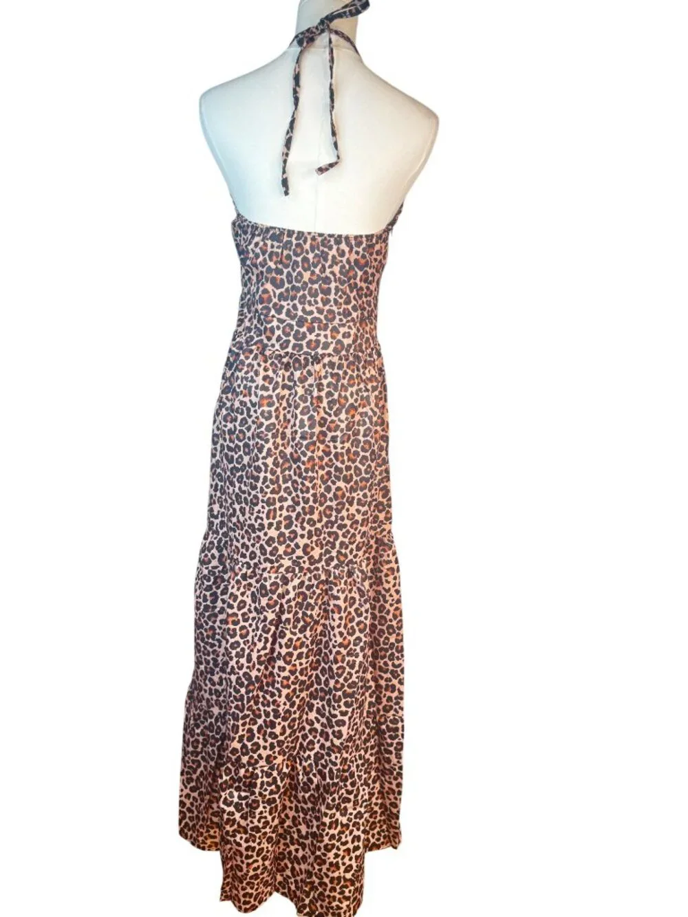 NEW Leopard M Print Boho Halter Maxi Dress Butterfly Detail Sleeveless - Picture 3 of 16